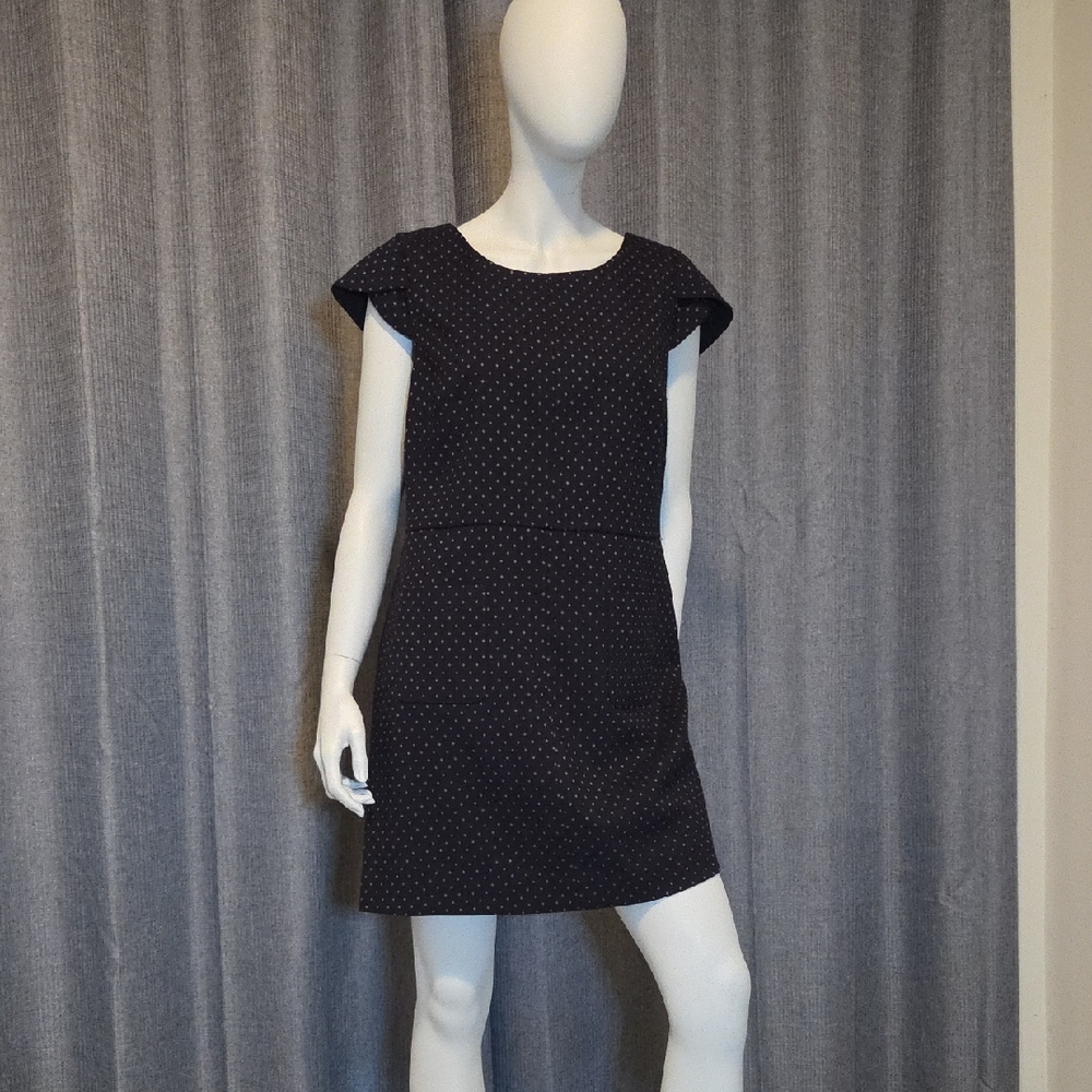 Dex Navy Cap Sleeve Fitted Mini Dress with Tiny Orange Diamond Polka Dot Pattern